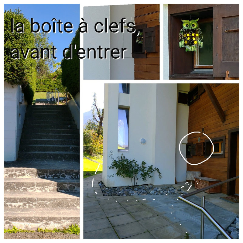 find the key box: at the top of the climb, end of the metal handrail, on the right a square window with a green owl. it's here ! before turning around the stairwell to enter the residence