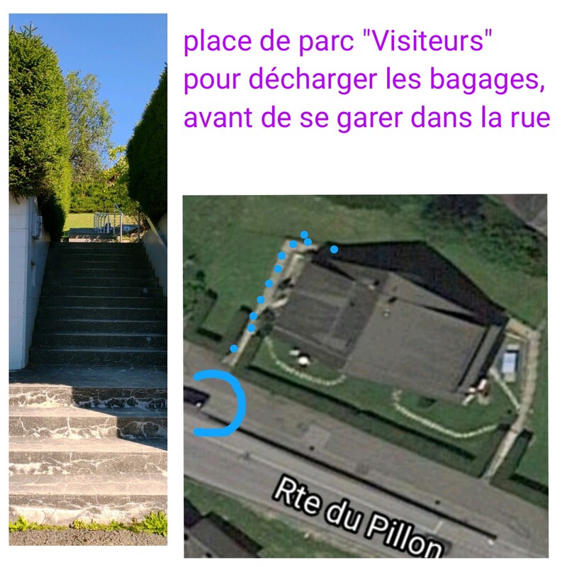 park in front of the staircase on the left (west) to unload luggage, 1 hour at most. Then park the vehicle along the street, (free places)